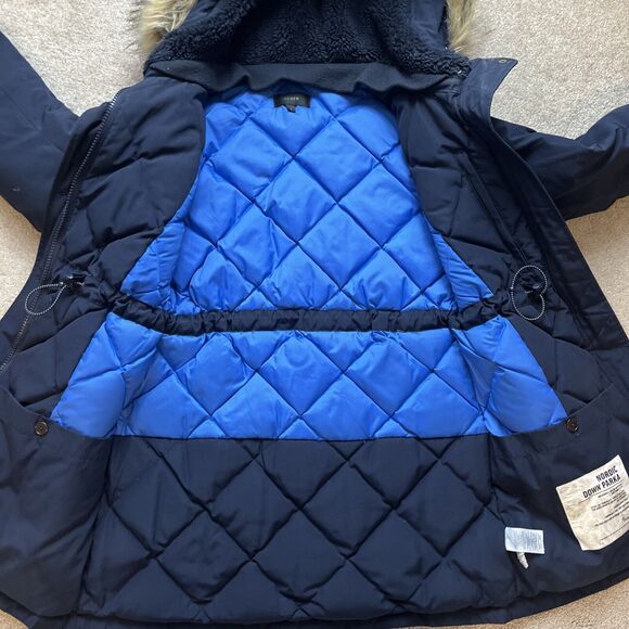 J.Crew Nordic Down Parka Women Small Navy Sherpa Hood Faux Fur Trim Preppy Heavy - Picture 11 of 11